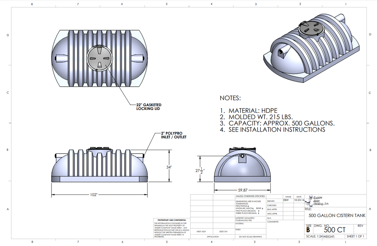 500 Gallon Custom Roto-Mold Cistern (MPN: 500 CT)