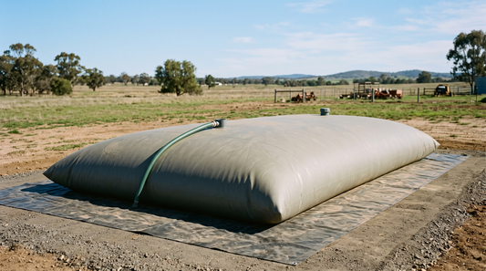 Filled gray pillow tank with a green hose, resting on a black ground tarp on a cleared gravel pad beside farm pasture
