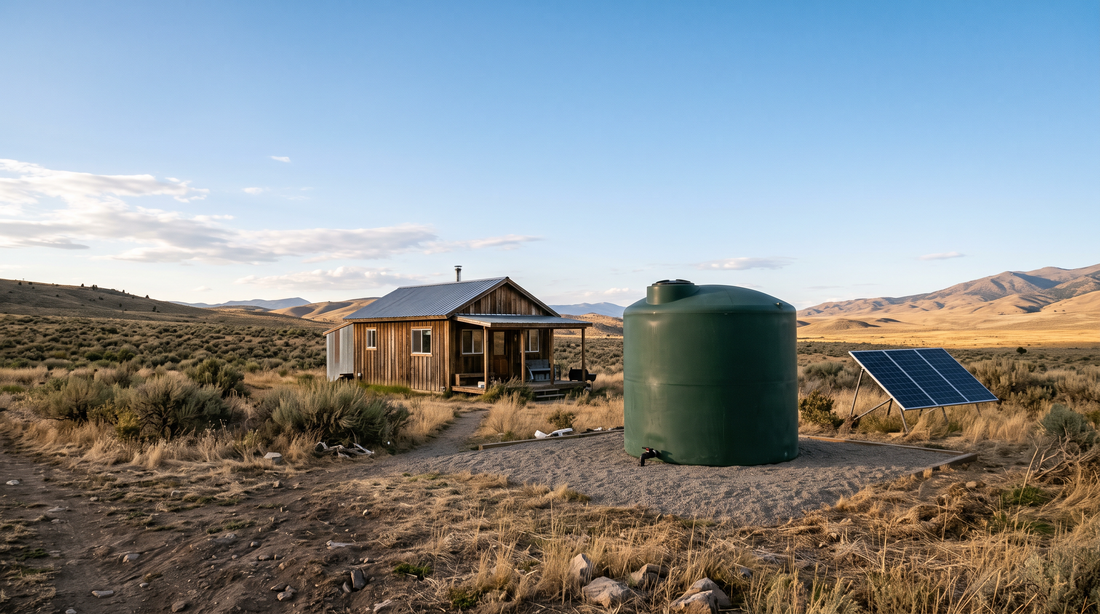 Dark green vertical water storage tank on a gravel pad beside an off-grid cabin and solar panels in open sagebrush country