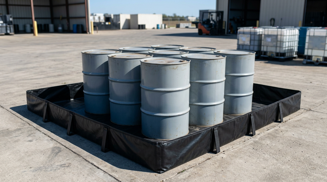 Gray steel drums standing in a black spill berm on a concrete yard, with IBC totes and a forklift in the background