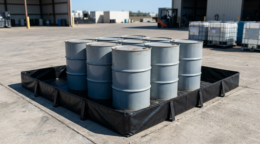 Gray steel drums standing in a black spill berm on a concrete yard, with IBC totes and a forklift in the background