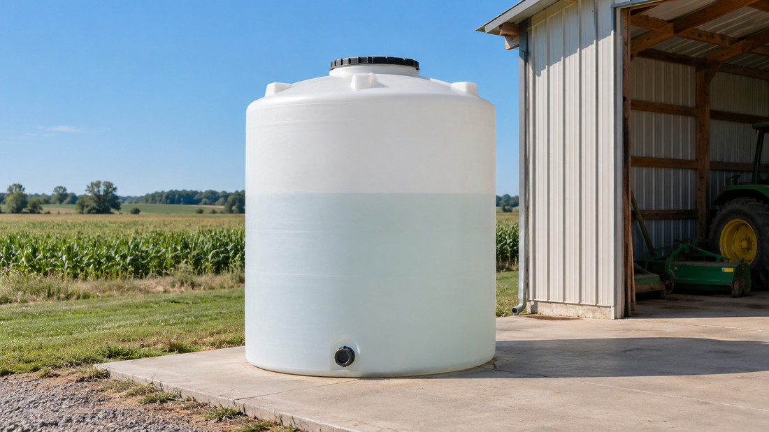 Vertical poly storage tank on a concrete pad on a farm.