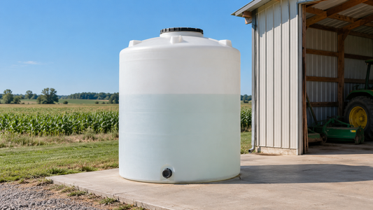 Vertical poly storage tank on a concrete pad on a farm.