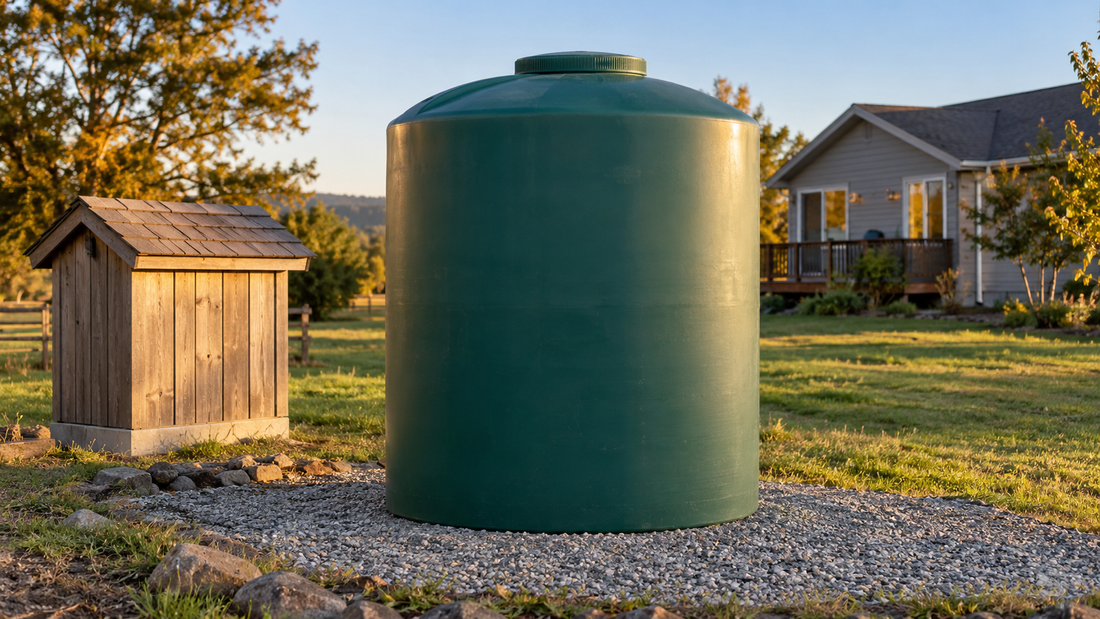 Green vertical poly water holding tank beside a small well house on a rural home's property at golden hour 