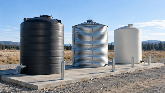 Black poly, galvanized steel and white fiberglass storage tanks side by side on a concrete pad in an open field