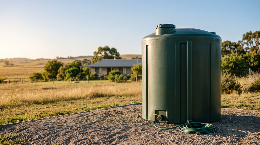 Dark green vertical poly water tank on a level gravel pad beside a rural home at golden hour, coiled hose nearby.