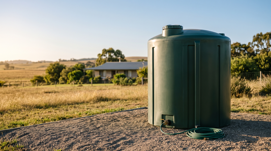 Dark green vertical poly water tank on a level gravel pad beside a rural home at golden hour, coiled hose nearby.