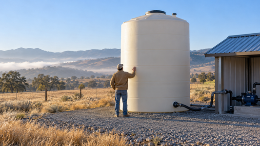 A man touches a large water storage tank connected to a pump shed, with golden hills and foggy valleys behind.