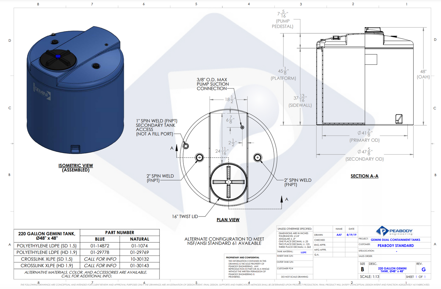 220 Gallon Peabody Engineering Gemini Round Dual Containment Tank 1.9 SG (MPN: 01-29778)