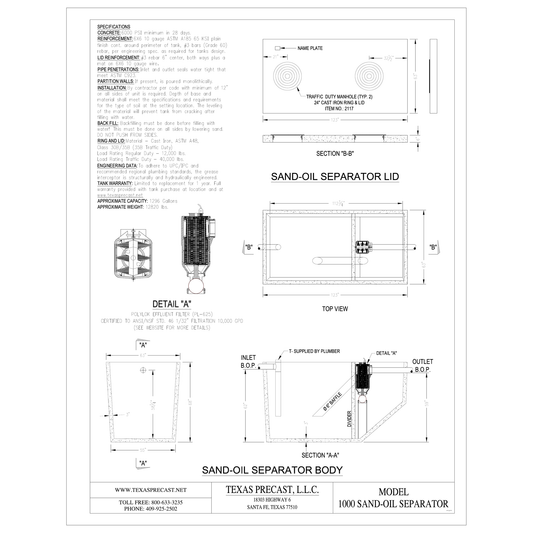 Texas Precast 1000 gallon concrete sand-oil separator dimensional drawing