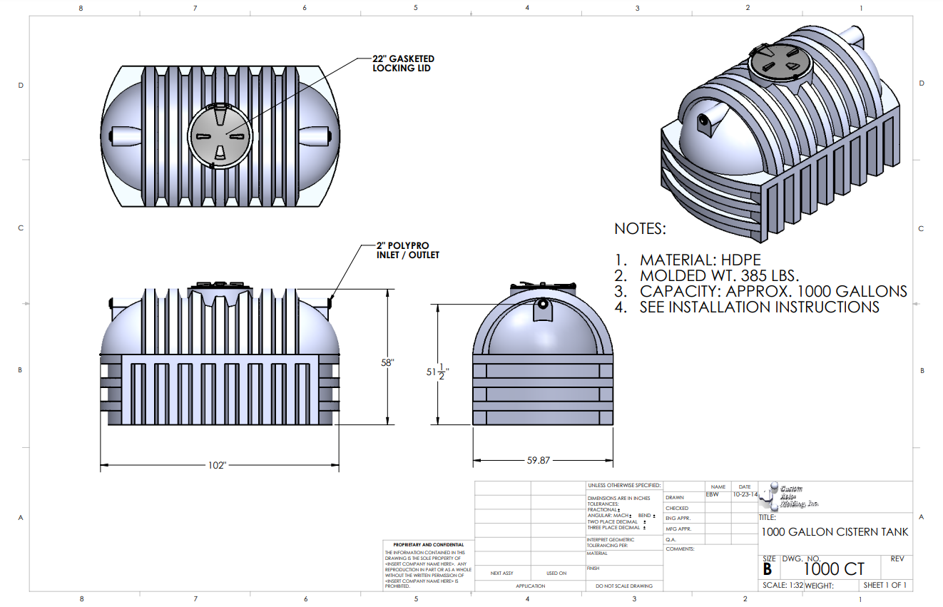 1000 Gallon Custom Roto-Mold Cistern (MPN: 1000 CT)