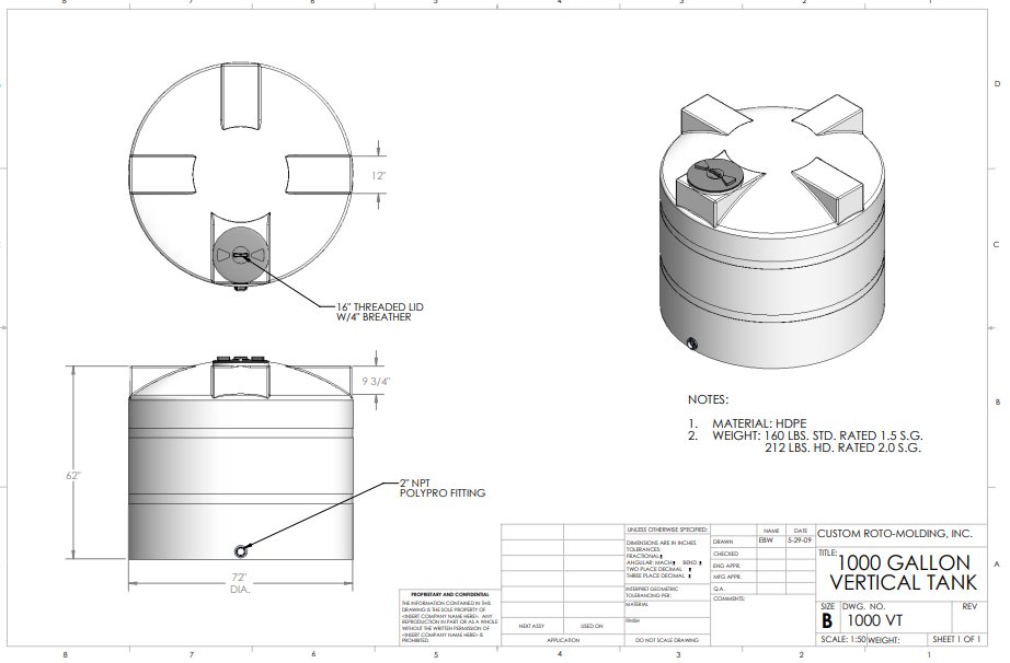 1000 Gallon Custom Roto-Mold Plastic Vertical Storage Tank (MPN 1000 VTXLPE)