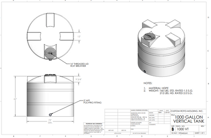 1000 Gallon Custom Roto-Mold Plastic Vertical Storage Tank (MPN 1000 VTXLPE)