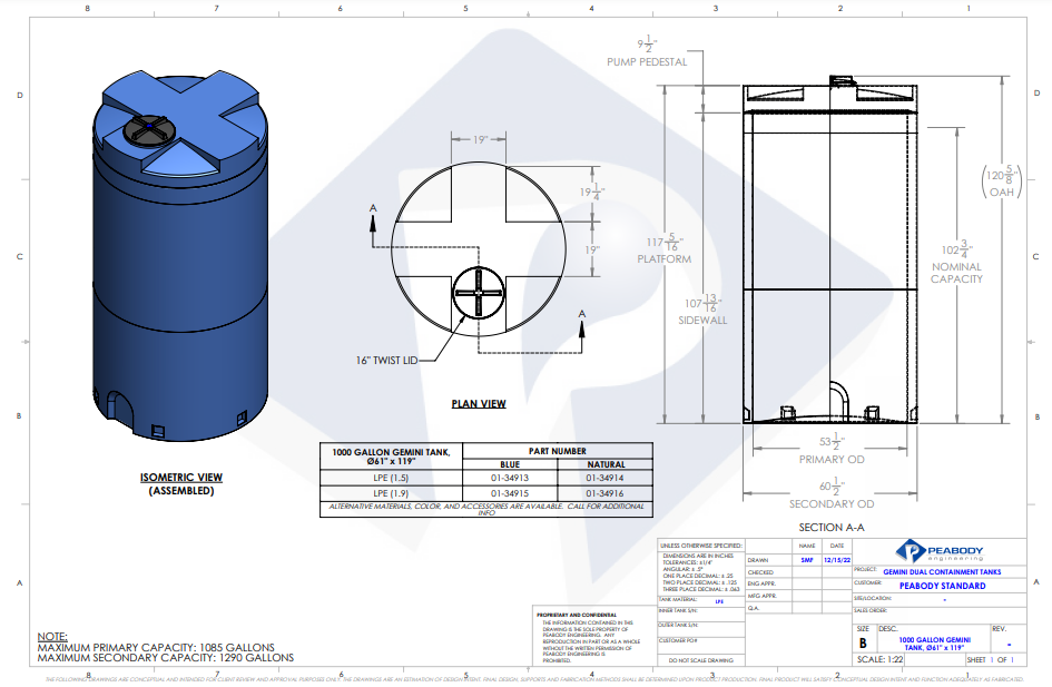 1000 Gallon Peabody Engineering Gemini Round Dual Containment Tank 1.5 SG (MPN: 01-34913)