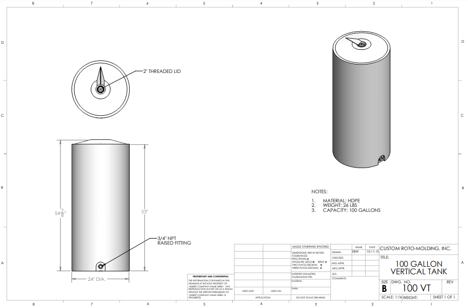 100 Gallon Custom Roto-Molding Vertical Tank (MPN: 100 VT FW)
