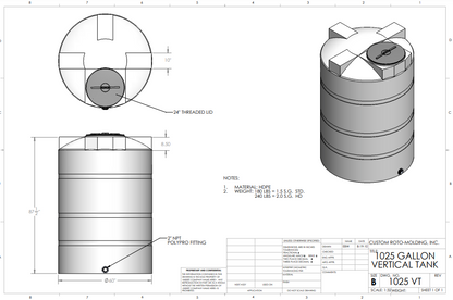 1025 Gallon Custom Roto-Molding Vertical Tank (MPN: 1025 VT FW)