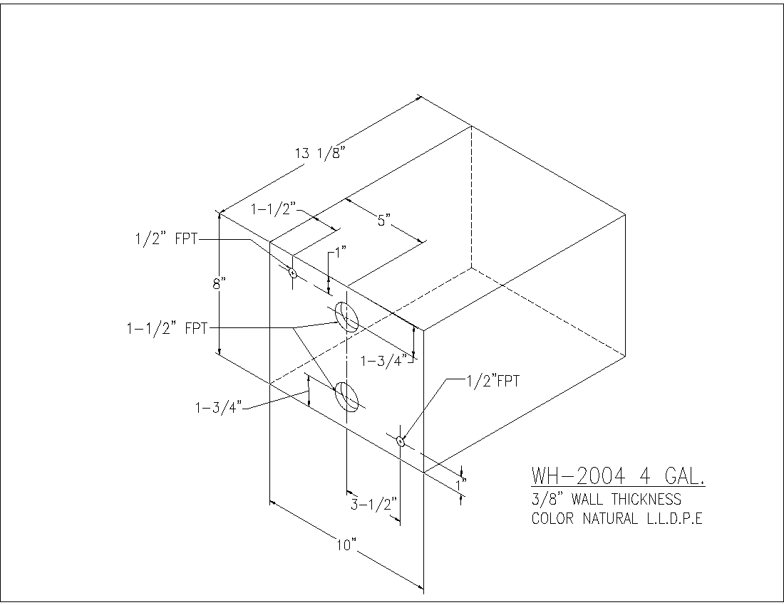 Trionic WH-2004 4 gallon water/holding tank drawing with fitting locations, 13.125 x 10 x 8 in