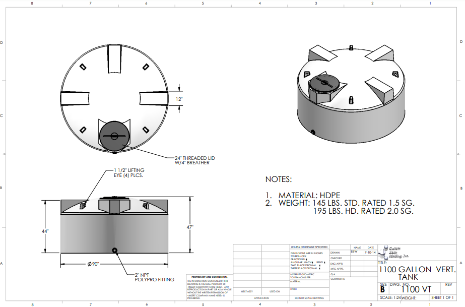 1100 Gallon Custom Roto-Molding Vertical Tank (MPN: 1100 VT FW)