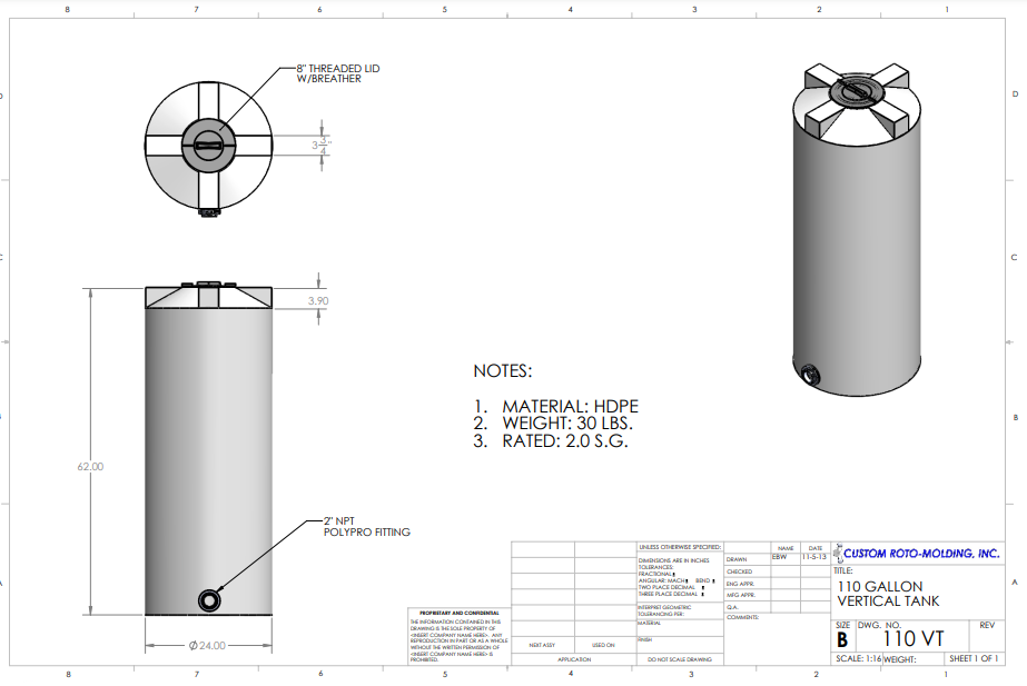 110 Gallon Custom Roto-Molding Vertical Tank (MPN: 110 VT FW)