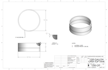 1250 Gallon Custom Roto-Mold Plastic Open Top Tank (MPN 1250 OTT)