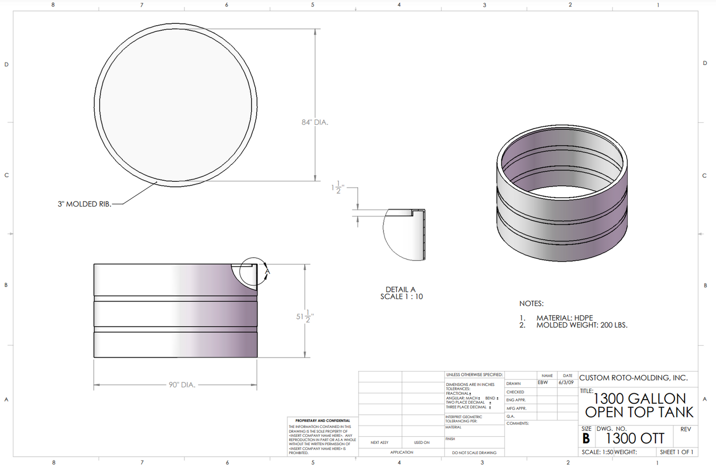 1300 Gallon Custom Roto-Mold Plastic Open Top Tank (MPN 1300 OTT)