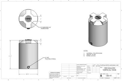 130 Gallon Custom Roto-Molding Vertical Tank (MPN: 130 VT FW)
