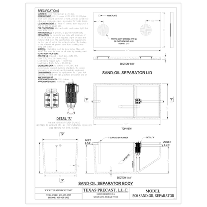 Texas Precast 1500 gallon concrete sand-oil separator dimensional drawing
