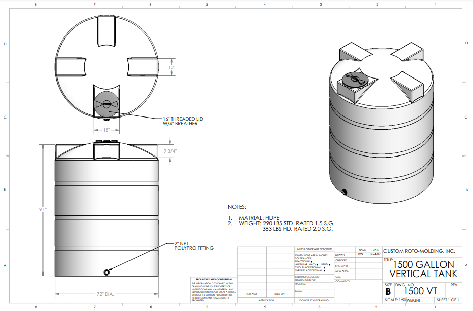 1500 Gallon Custom Roto-Molding Vertical Tank (MPN:1500 VT FW)