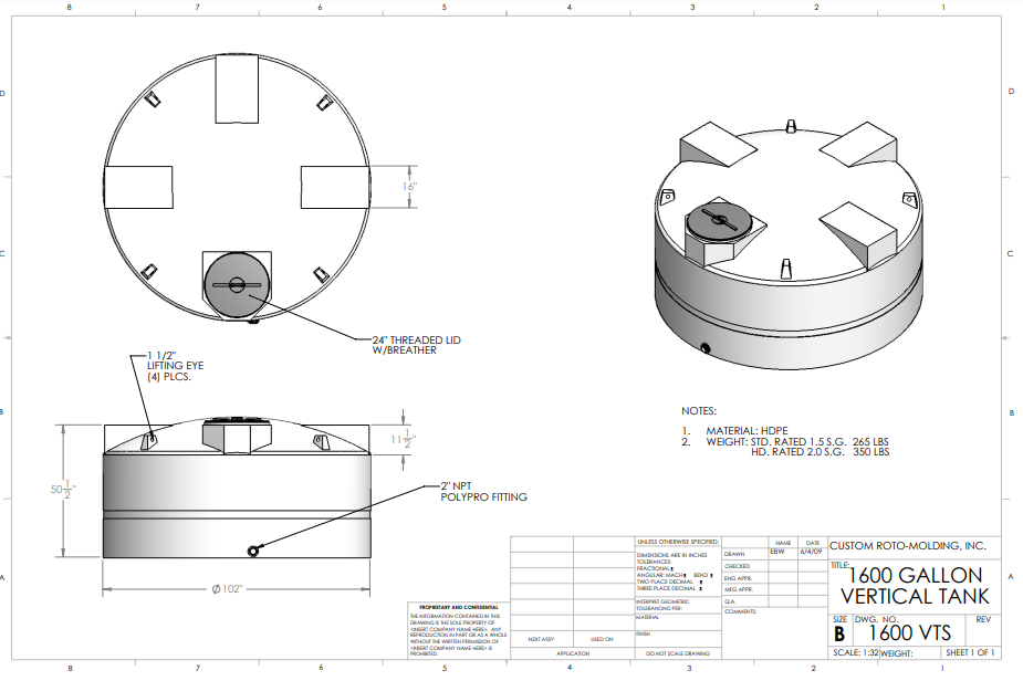 1600 Gallon Custom-Roto Mold Vertical Tank HD (MPN: 1600 VTS HD)