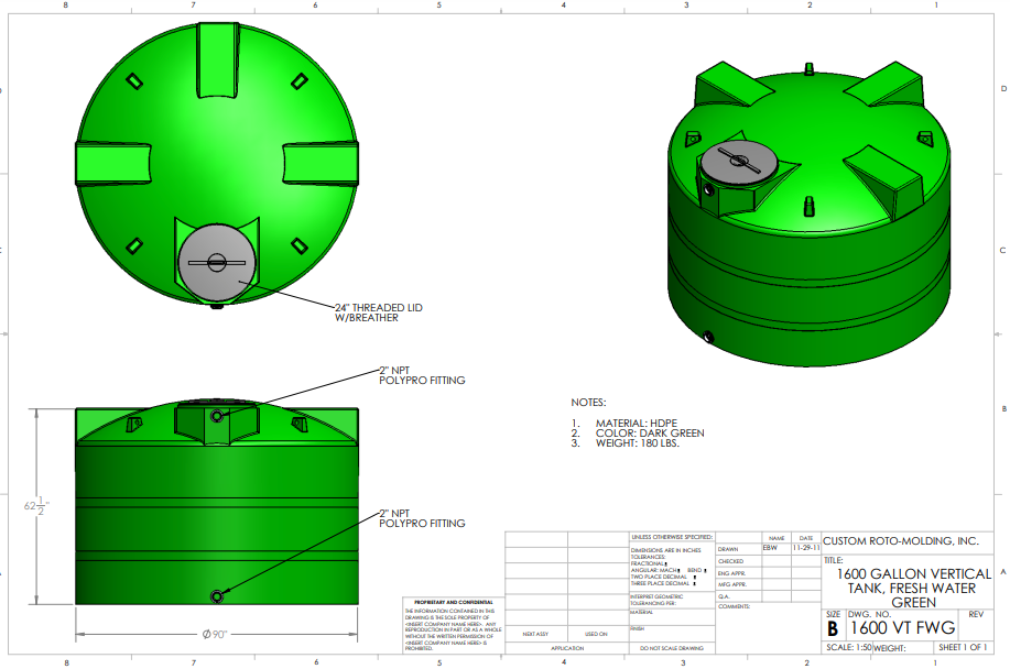 1600 Gallon Custom Roto-Molding Vertical Tank (MPN: 1600 VT FW)