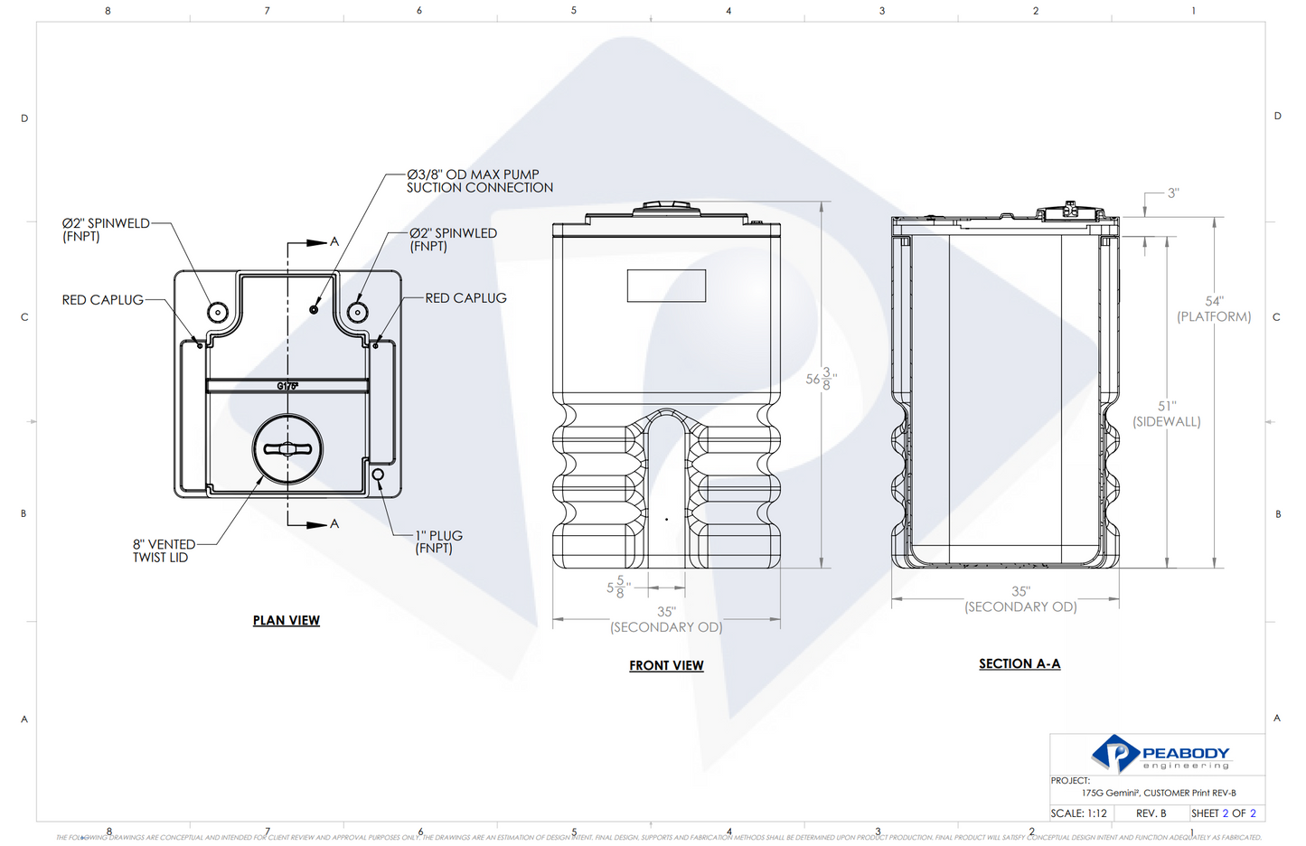 175 Gallon HDXLPE Peabody Engineering Gemini Square Dual Containment Ribbed Tank 1.5 SG (MPN: 01-33091)