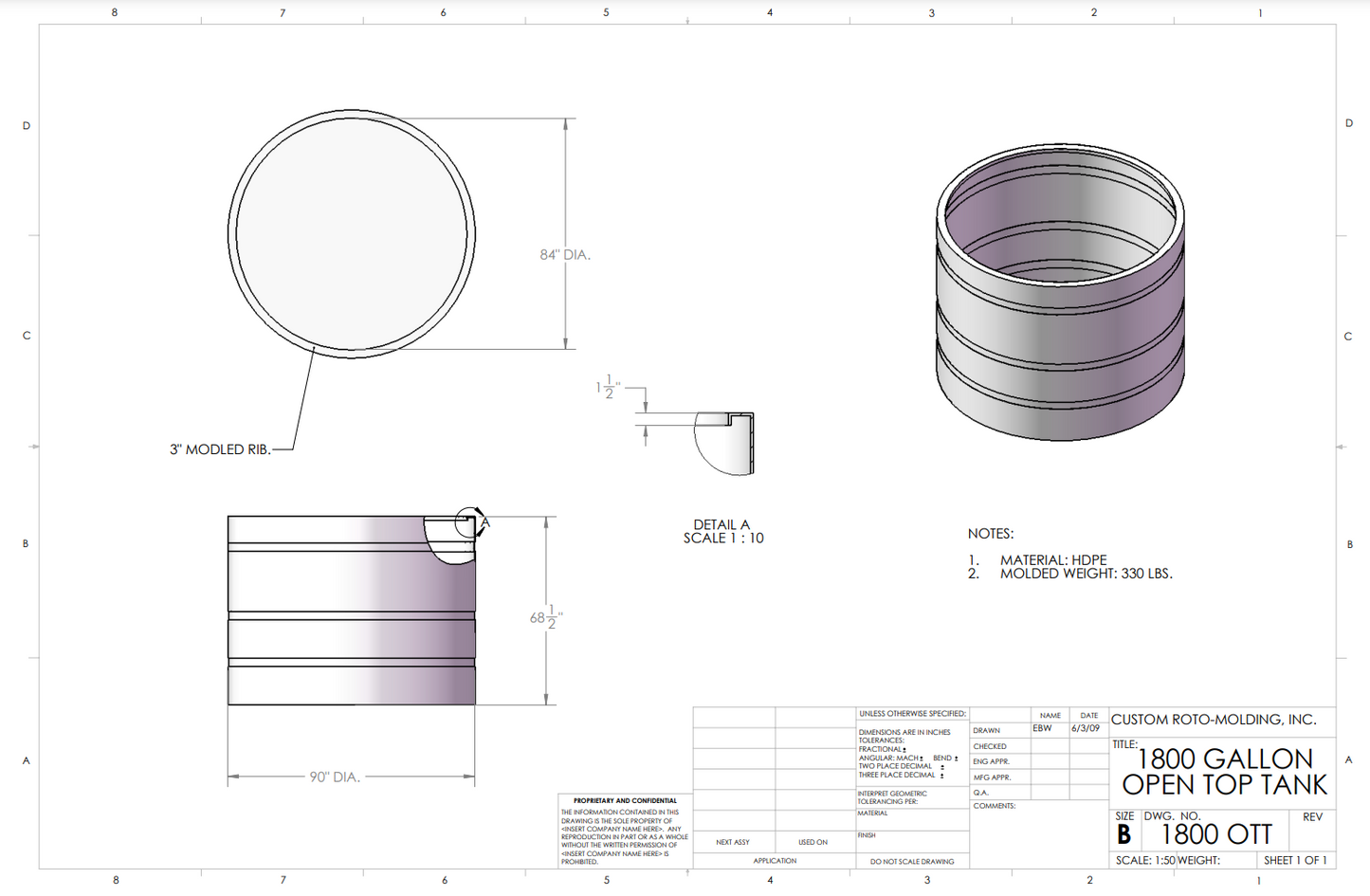1800 Gallon Custom Roto-Mold Plastic Open Top Tank (MPN 1800 OTT)