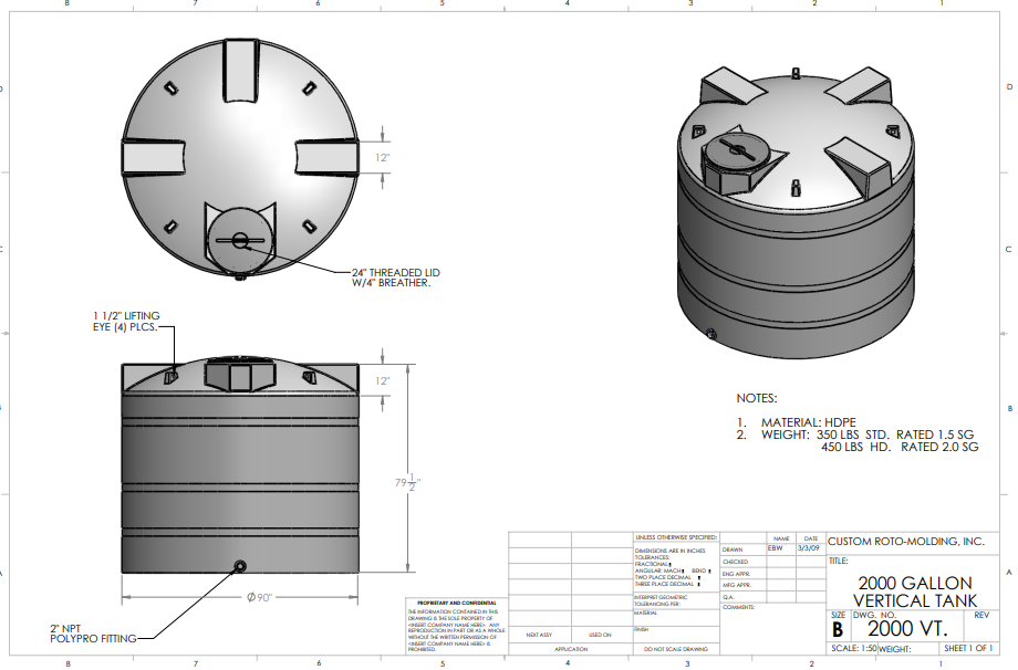 2000 Gallon Custom-Roto Mold Vertical Tank HD (MPN: 2000 VTS HD)