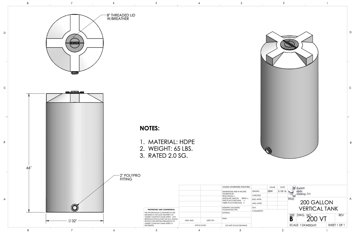 200 Gallon Custom Roto-Molding Vertical Tank (MPN: 200 VT FW)