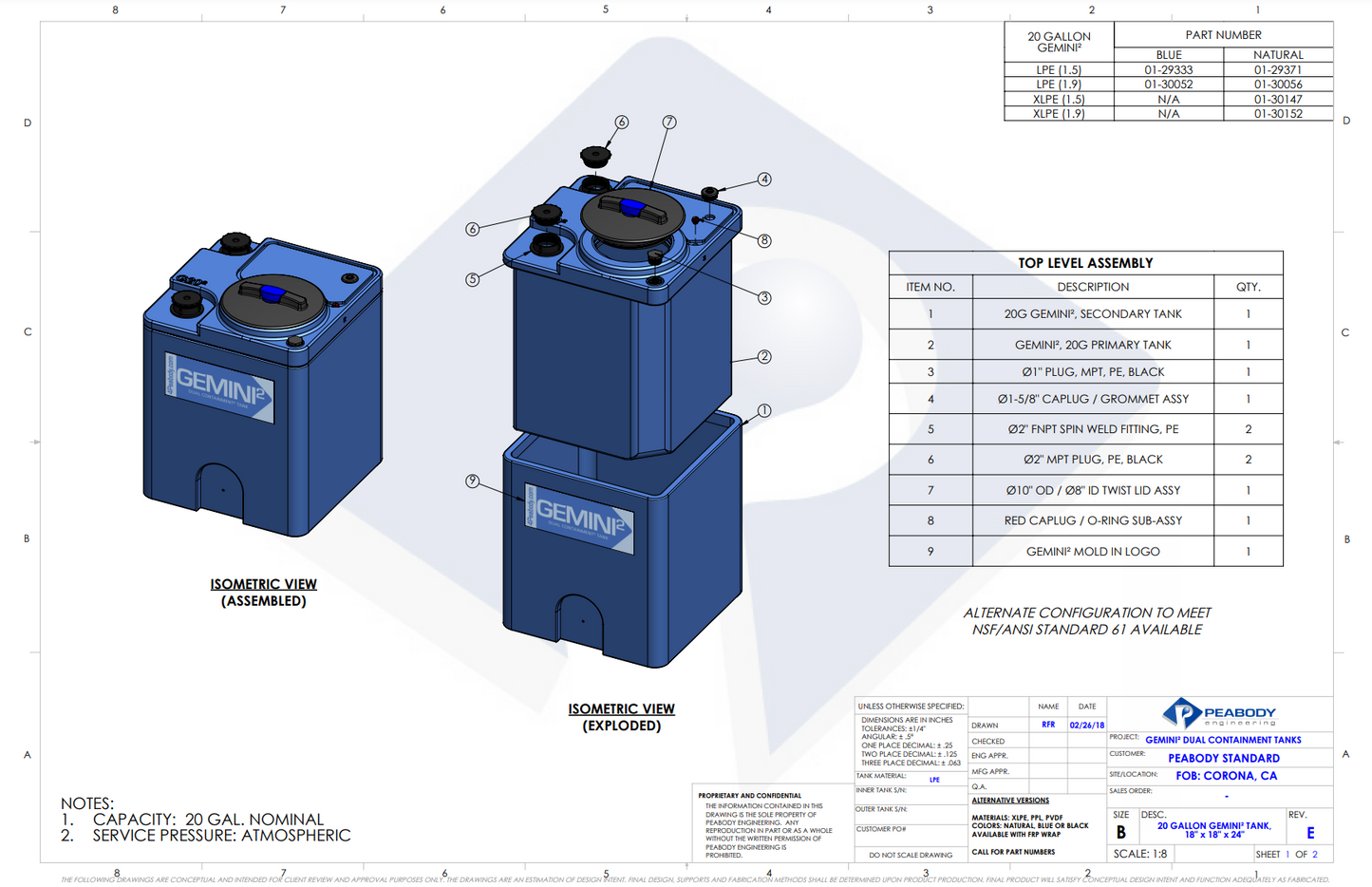 20 Gallon Peabody Engineering Gemini Square Dual Containment Tank 1.9 SG (MPN: 01-30052)