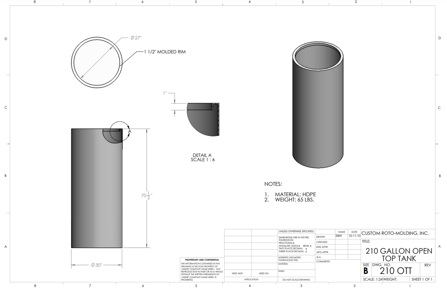 210 Gallon Custom Roto-Mold Plastic Open Top Tank (MPN 210 OTT)
