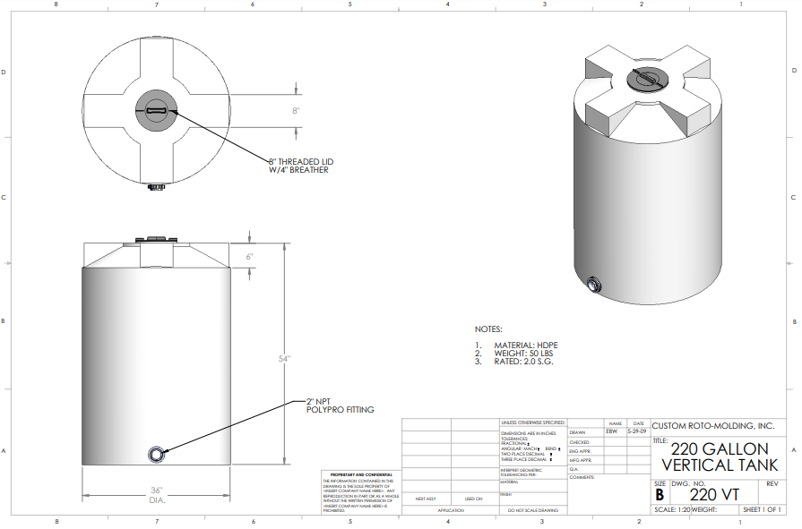 220 Gallon Custom Roto-Mold Plastic Vertical Storage Tank (MPN 220 VTXLPE)