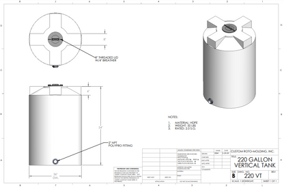 220 Gallon Custom Roto-Mold Plastic Vertical Storage Tank (MPN 220 VTXLPE)