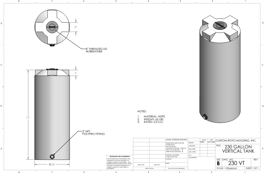 230 Gallon Custom Roto-Molding Vertical Tank (MPN: 230 VT FW)