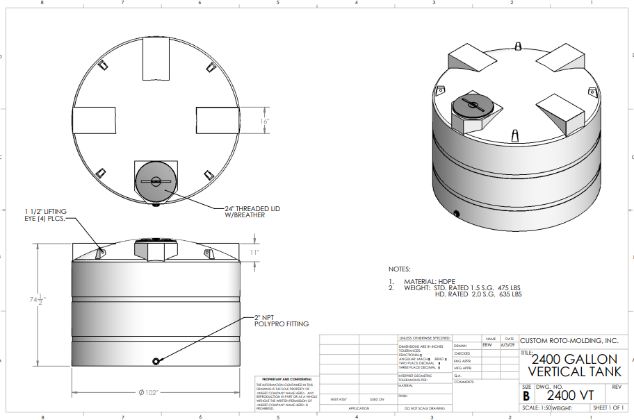 2400 Gallon Custom-Roto Mold Vertical Tank HD (MPN: 2400 VTS HD)