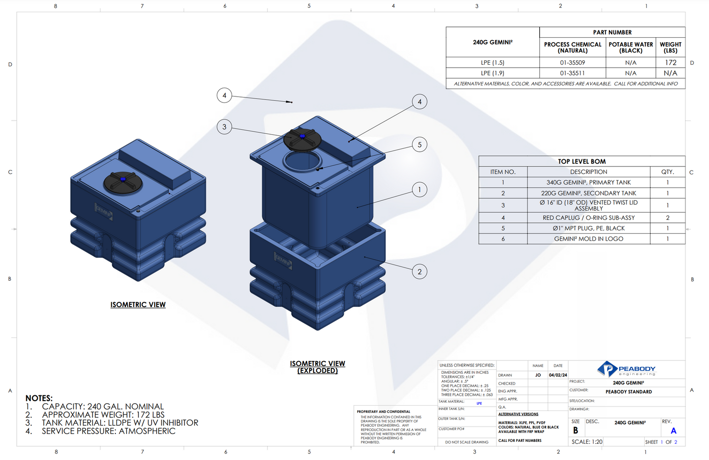 240 Gallon Peabody Engineering Gemini Square Dual Containment Ribbed Tank 1.5 SG (MPN: 01-35508)