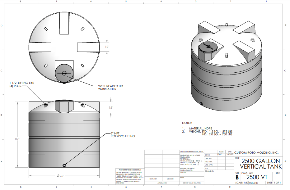 2500 Gallon Custom-Roto Mold Vertical Tank HD (MPN: 2500 VTS HD)