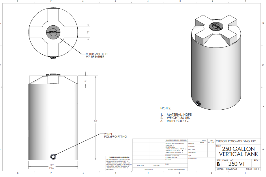 250 Gallon HDPE Custom Roto-Molding Vertical Storage Tank (MPN: 250 WS)