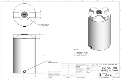 250 Gallon HDPE Custom Roto-Molding Vertical Storage Tank (MPN: 250 WS)