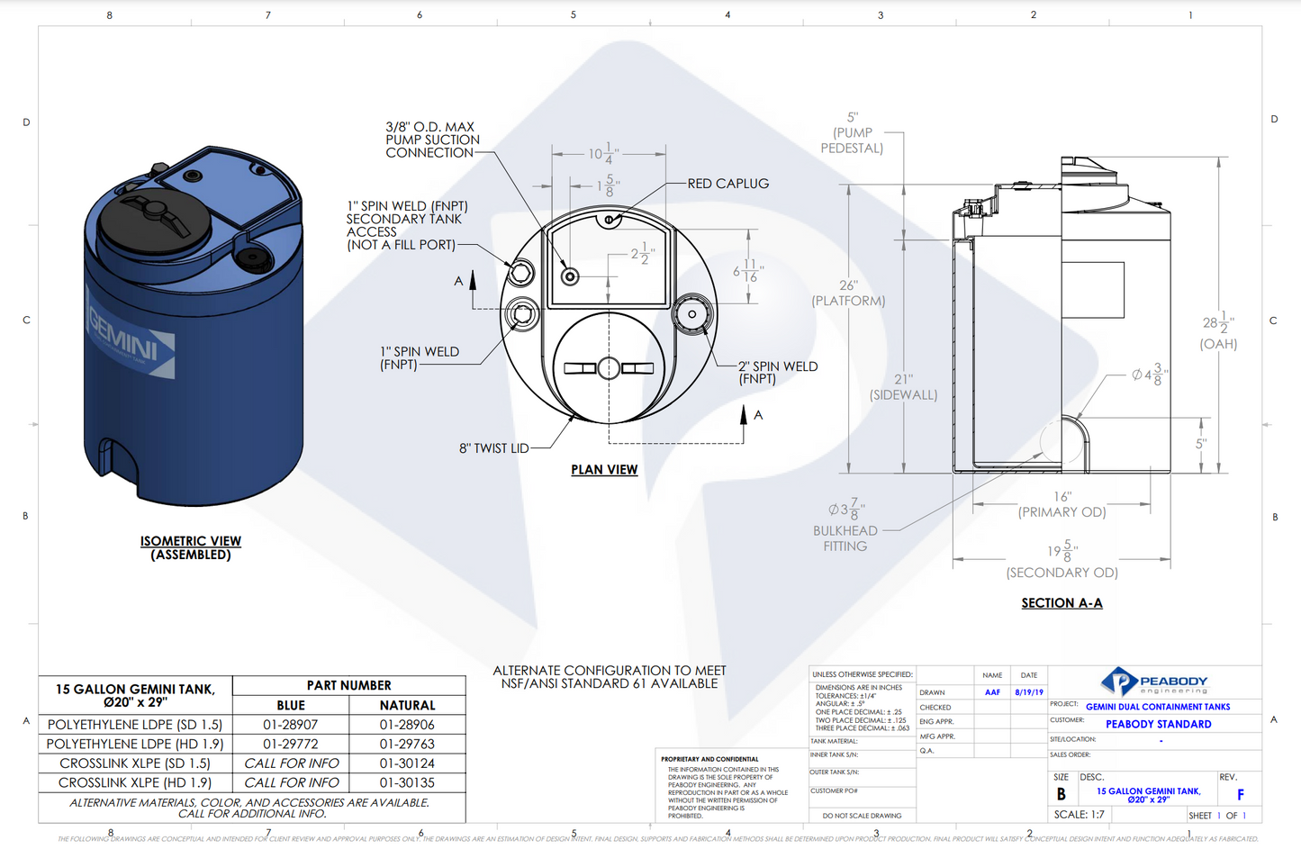 15 Gallon XLPE Peabody Engineering Gemini Round Dual Containment Tank 1.9 SG (MPN:01-30135)