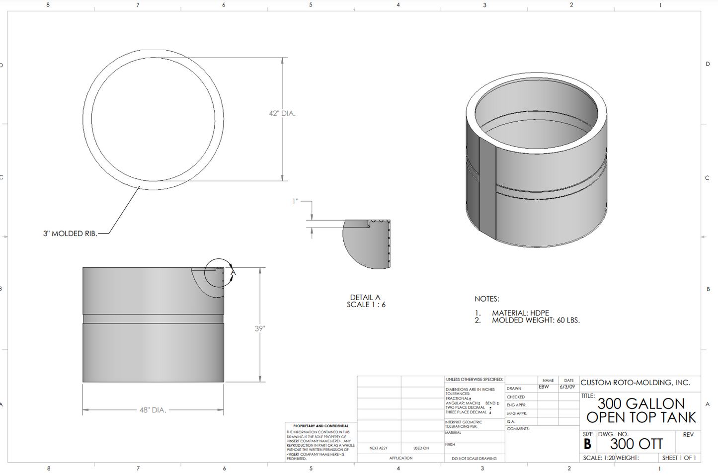 300 Gallon Custom Roto-Mold Plastic Open Top Tank (MPN 300 OTT)