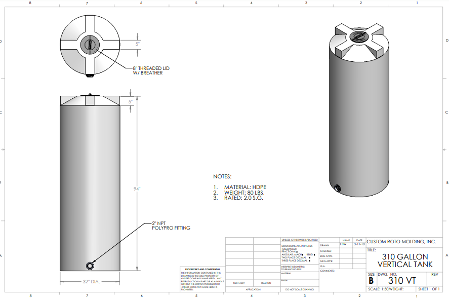 310 Gallon Custom Roto-Molding Vertical Tank (MPN: 310 VT FW)