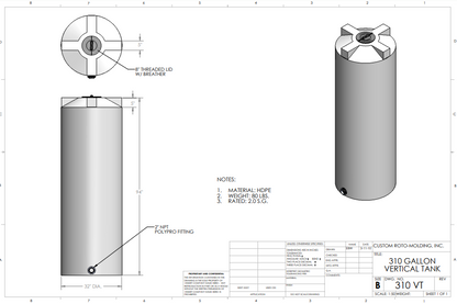 310 Gallon Custom Roto-Molding Vertical Tank (MPN: 310 VT FW)