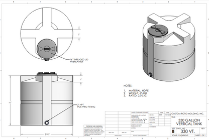 330 Gallon Custom Roto-Molding Vertical Tank (MPN: 330 VT FW)