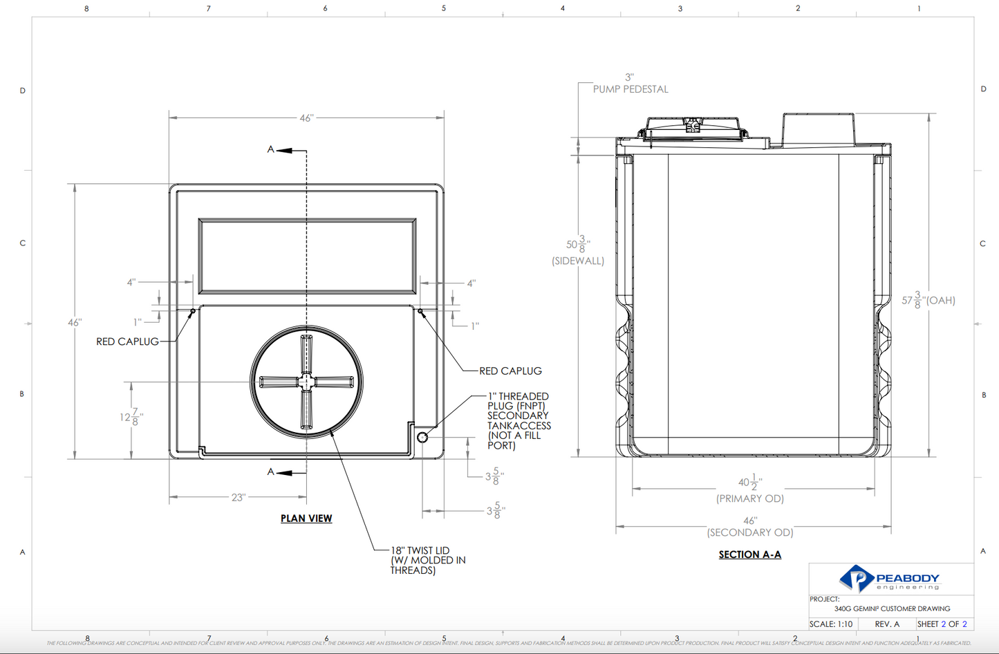 340 Gallon HDXLPE Peabody Engineering Gemini Square Dual Containment Ribbed Tank 1.9 SG (MPN: 01-35519)